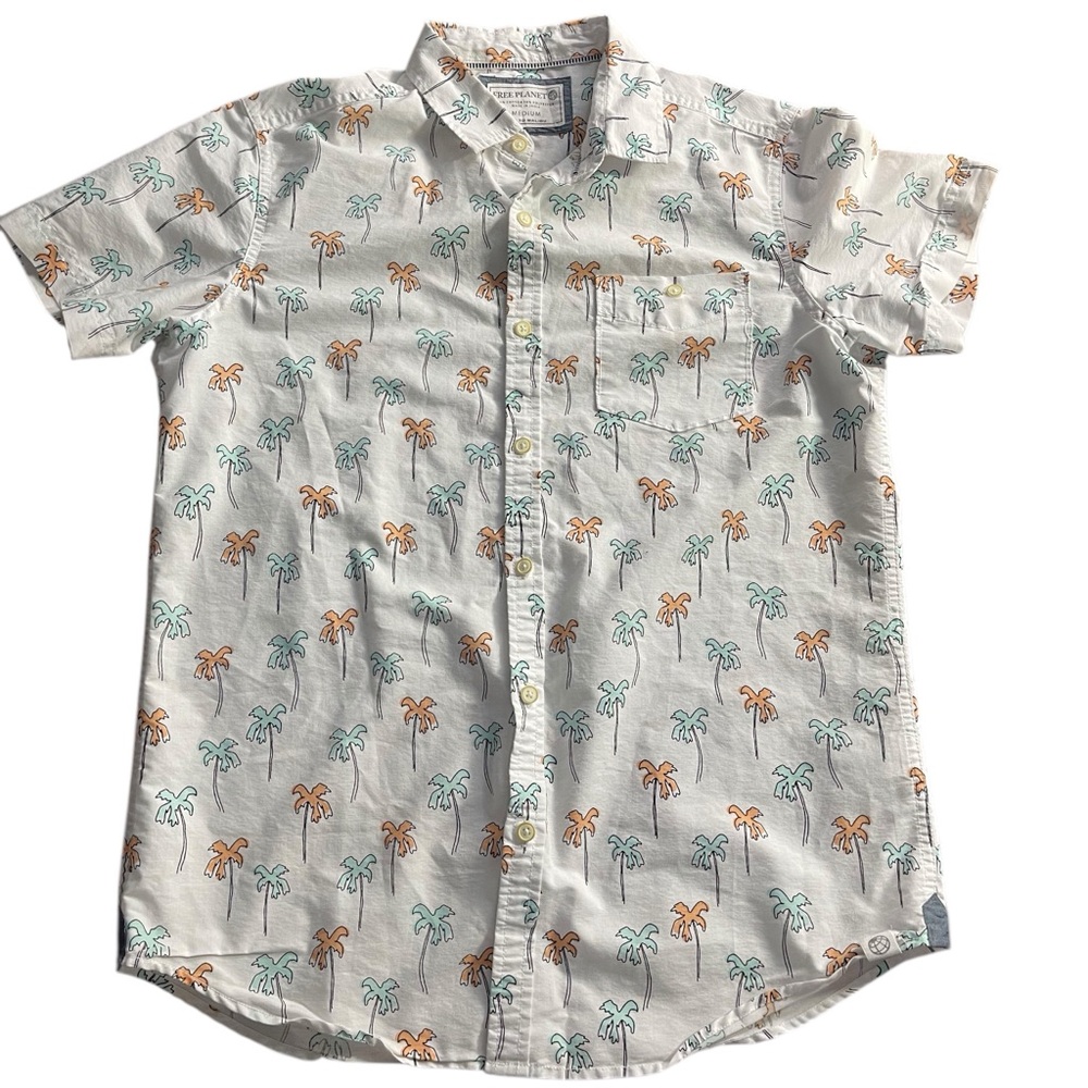 FREE PLANET HAWAIIAN short sleeve button down SHIRT palm tree print medium #GI